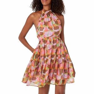 Printed Tiered Mini Dress in Pink and Brown